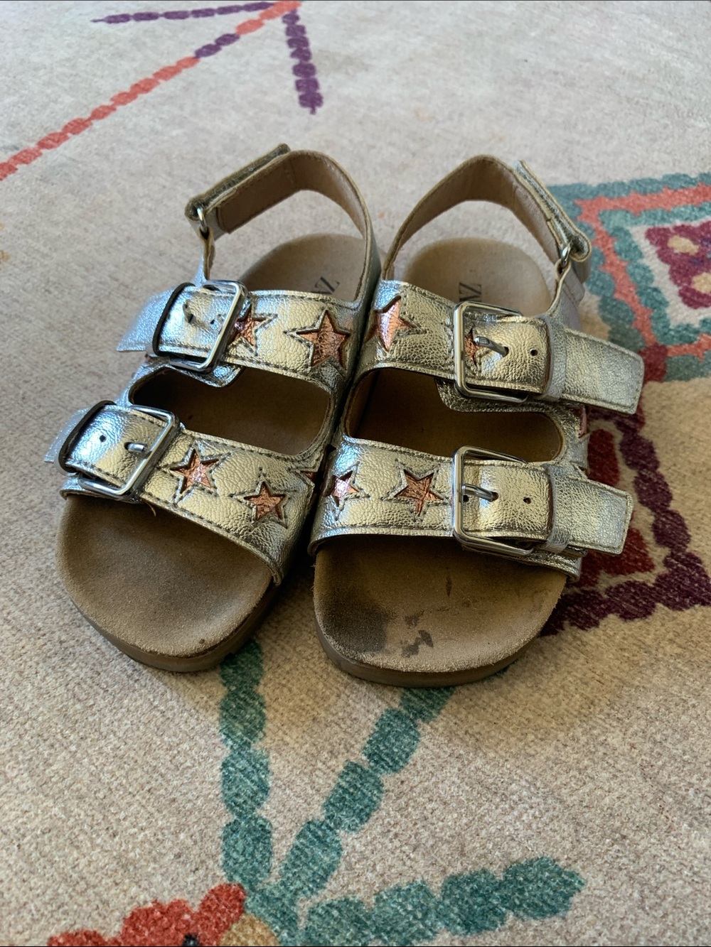 Zara Kids Metallic Silver Sandals with Rose-Gold Star Accents